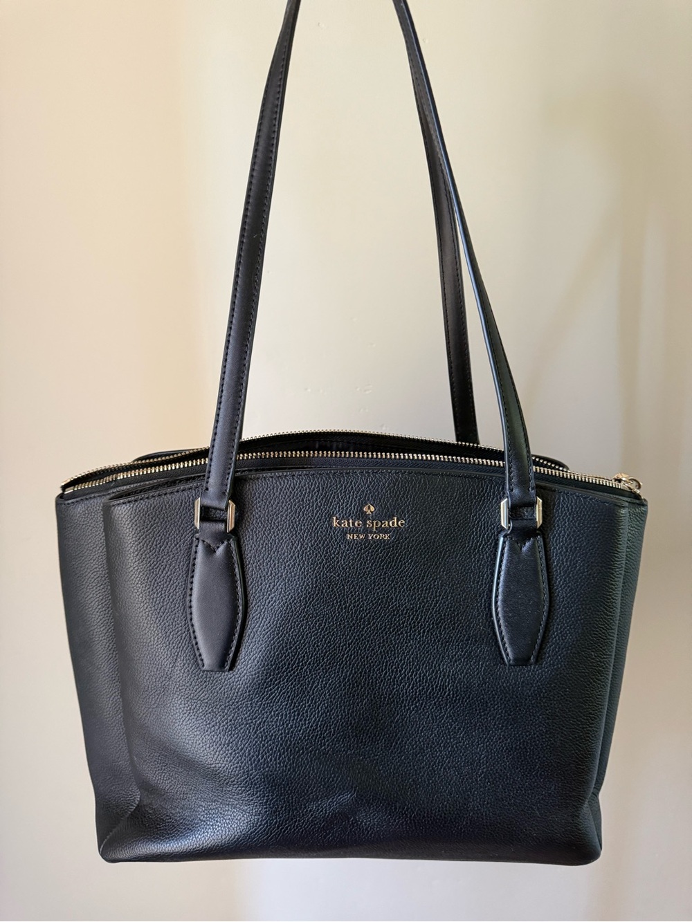 Kate Spade New York Black Pebbled Leather Zip Top Tote Work Bag